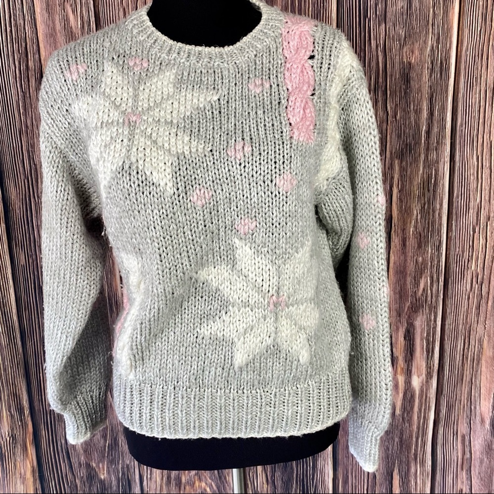 VINTAGE 80's EVIAN II Gray Pink & White Pastel Snowflake Hand Knit Wool Sweater